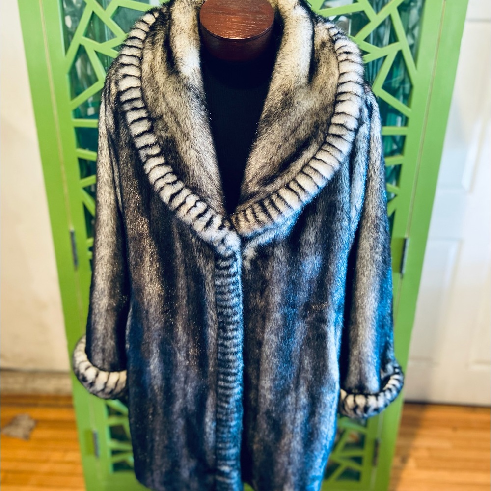 Dennis Basso Luxury Striped Oversized Collar 3/4 Length Faux Fur Coat